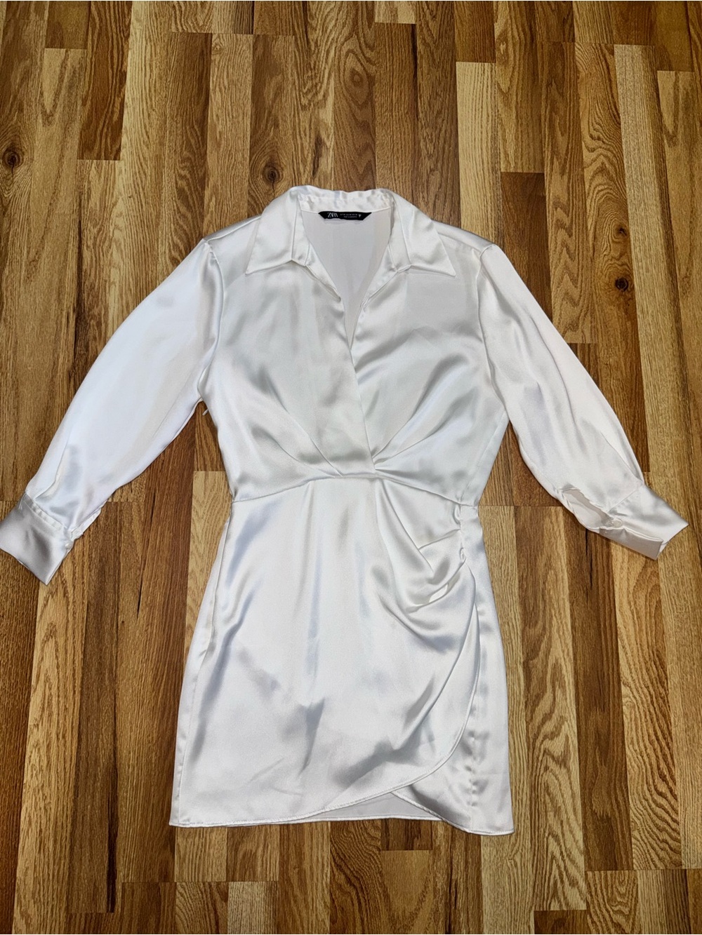 Zara Satin Effect Draped Mini Shirt Dress Collared Long Sleeve Ruched XS